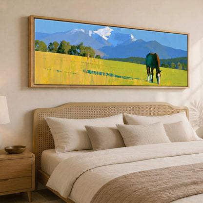High Country Summer Horse Landscape panoramic canvas wall art displayed above a bed