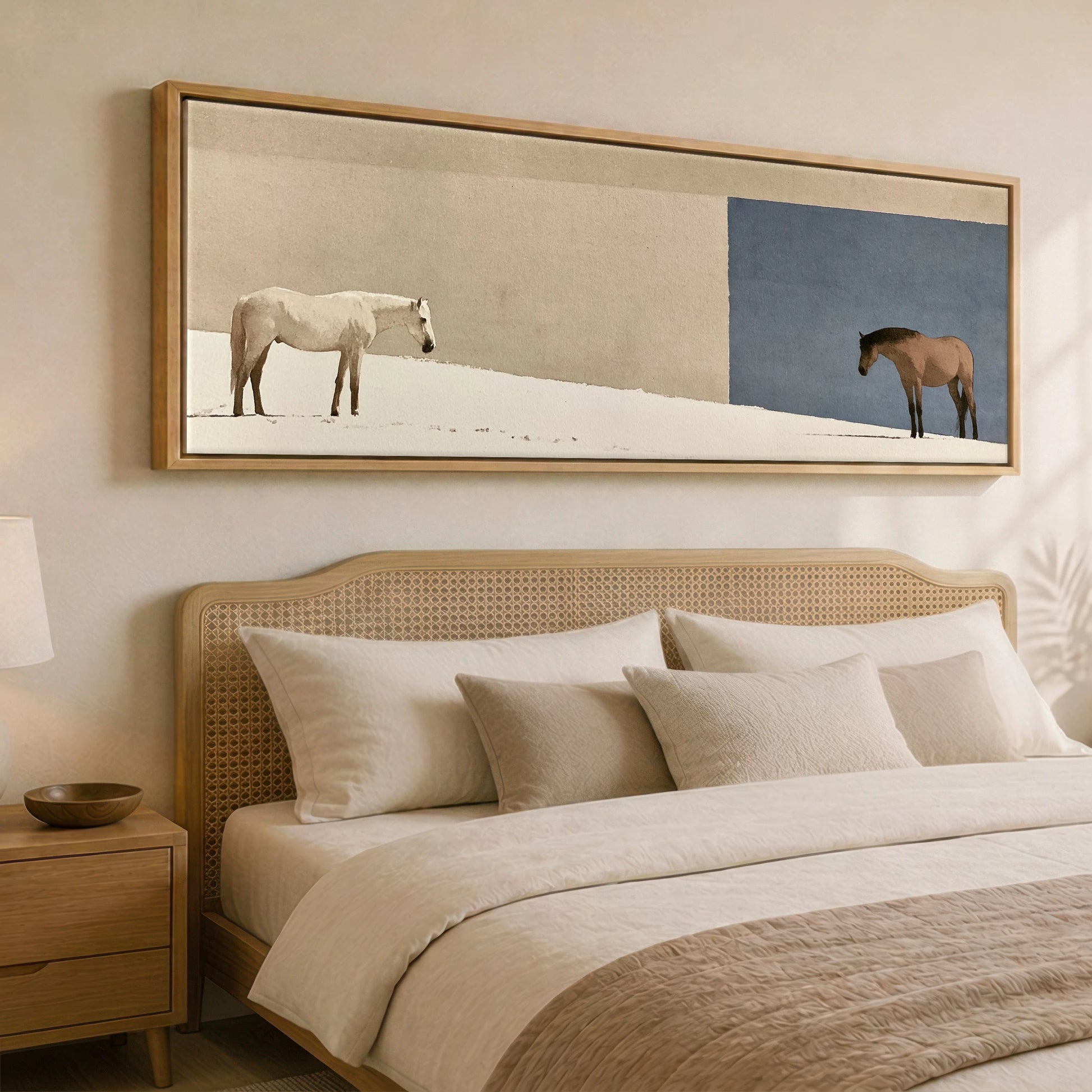 The Quiet Divide Horse Landscape panoramic canvas wall art displayed above a bed
