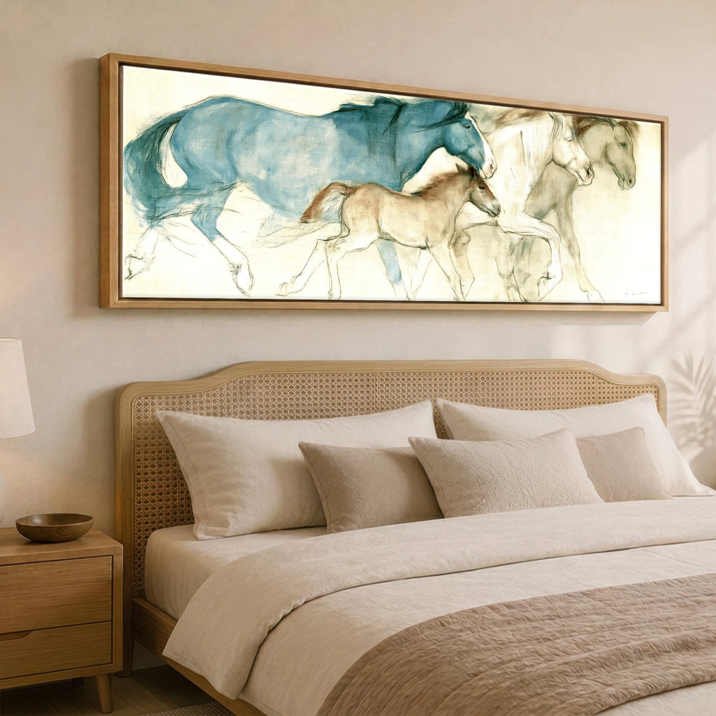 Azure Mare and Foal Mare & Foal panoramic canvas wall art displayed above a bed