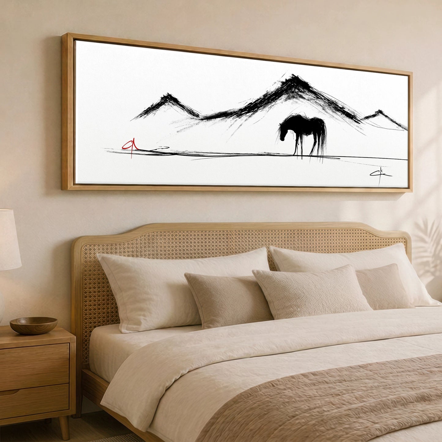 Silent Peaks Grazing Horse Landscape panoramic canvas wall art displayed above a bed