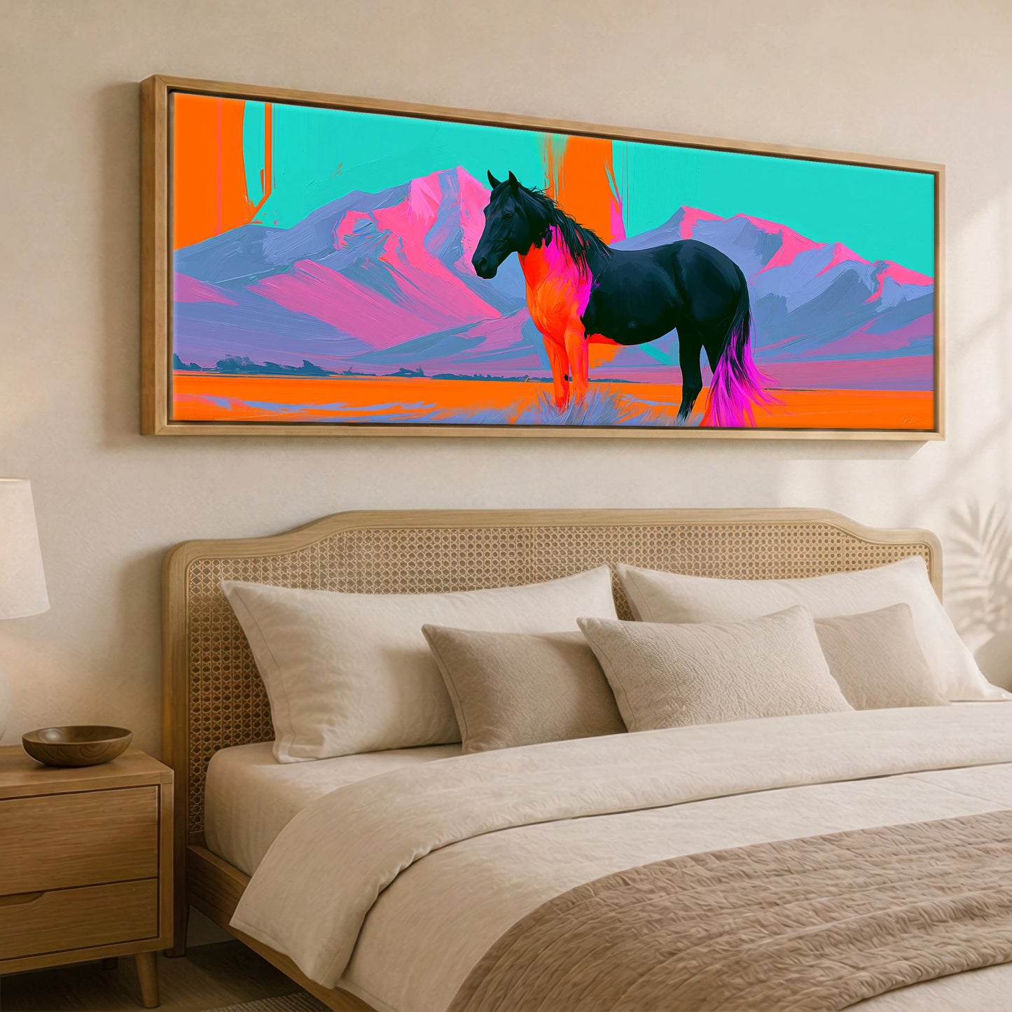 Electric Equine Horizon Horse Landscape panoramic canvas wall art displayed above a bed