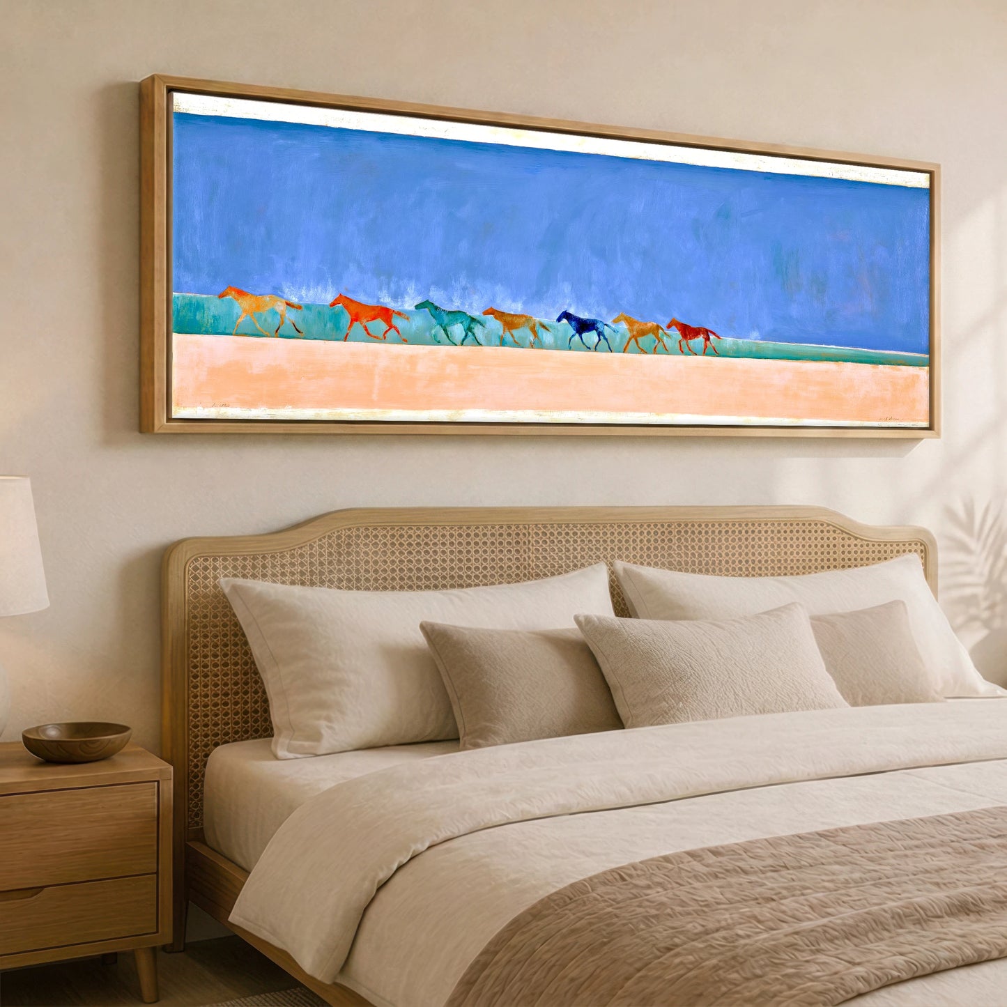 Rhythm of the Coast Beach Horse panoramic canvas wall art displayed above a bed