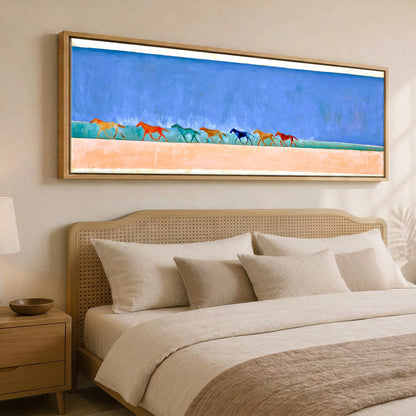 Rhythm of the Coast Beach Horse panoramic canvas wall art displayed above a bed