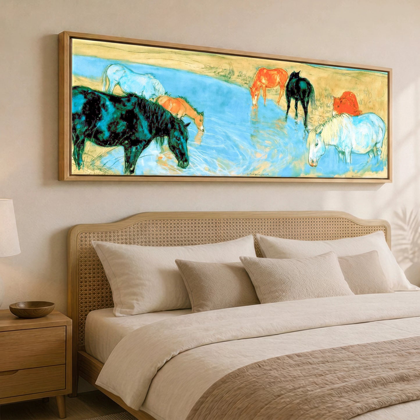 The Cerulean Stream Wild Horses panoramic canvas wall art displayed above a bed