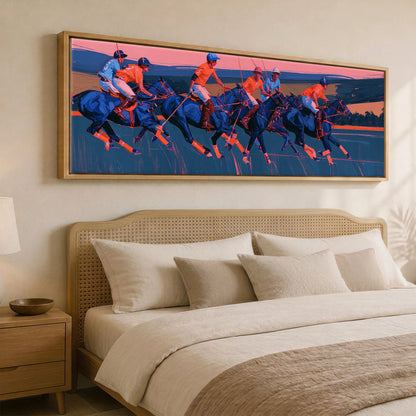 Vibrant Polo Charge Polo Horse panoramic canvas wall art displayed above a bed