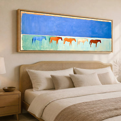 Painted Beach Lineup Beach Horse panoramic canvas wall art displayed above a bed