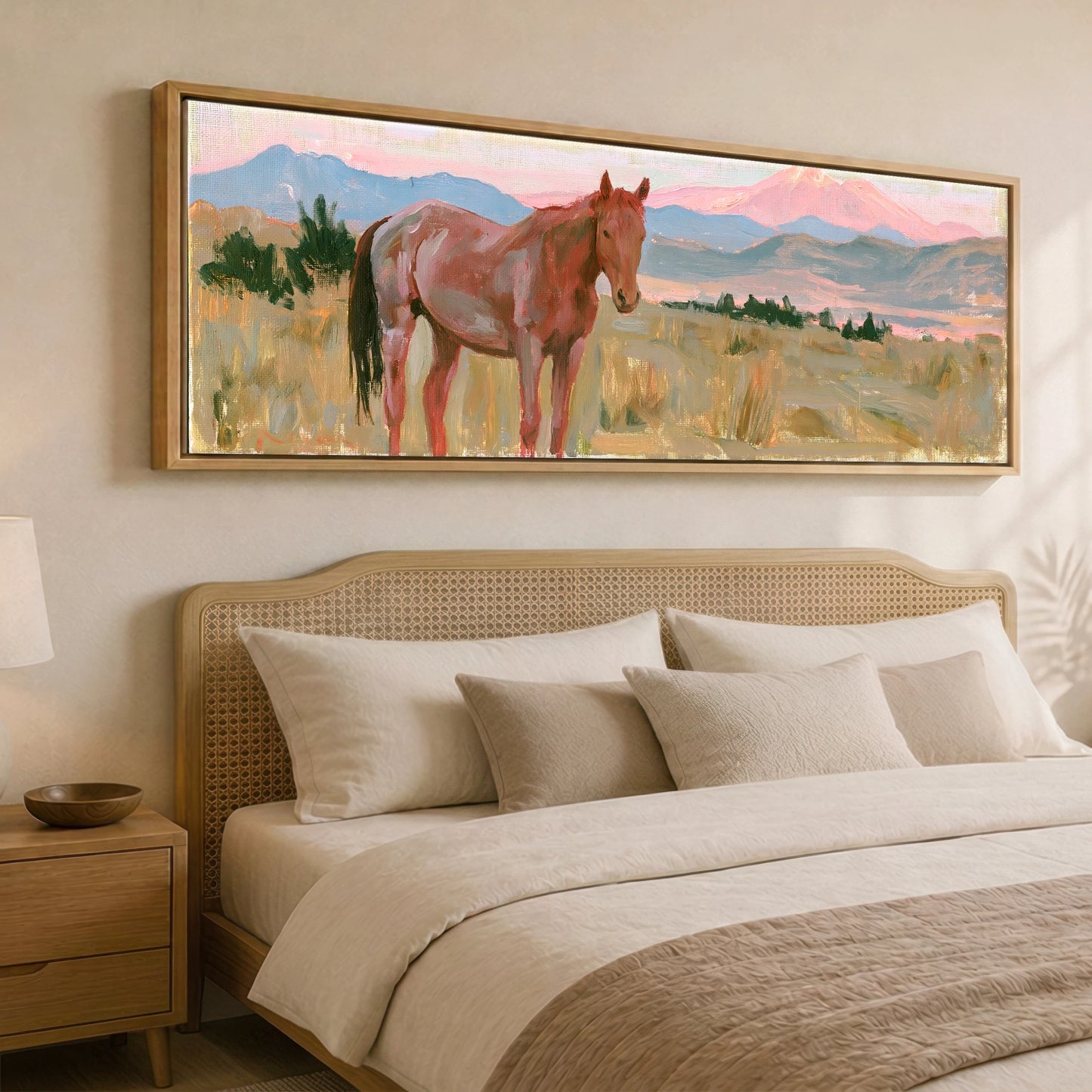 Pastel Mountain Morning Horse Landscape panoramic canvas wall art displayed above a bed
