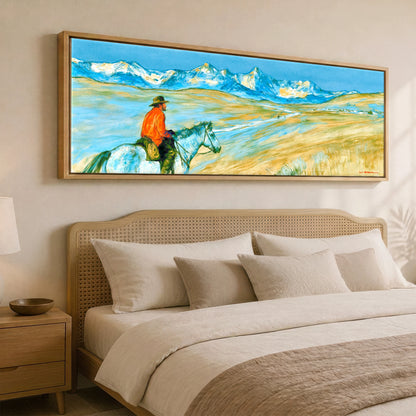 High Country Horizon Horse Landscape panoramic canvas wall art displayed above a bed