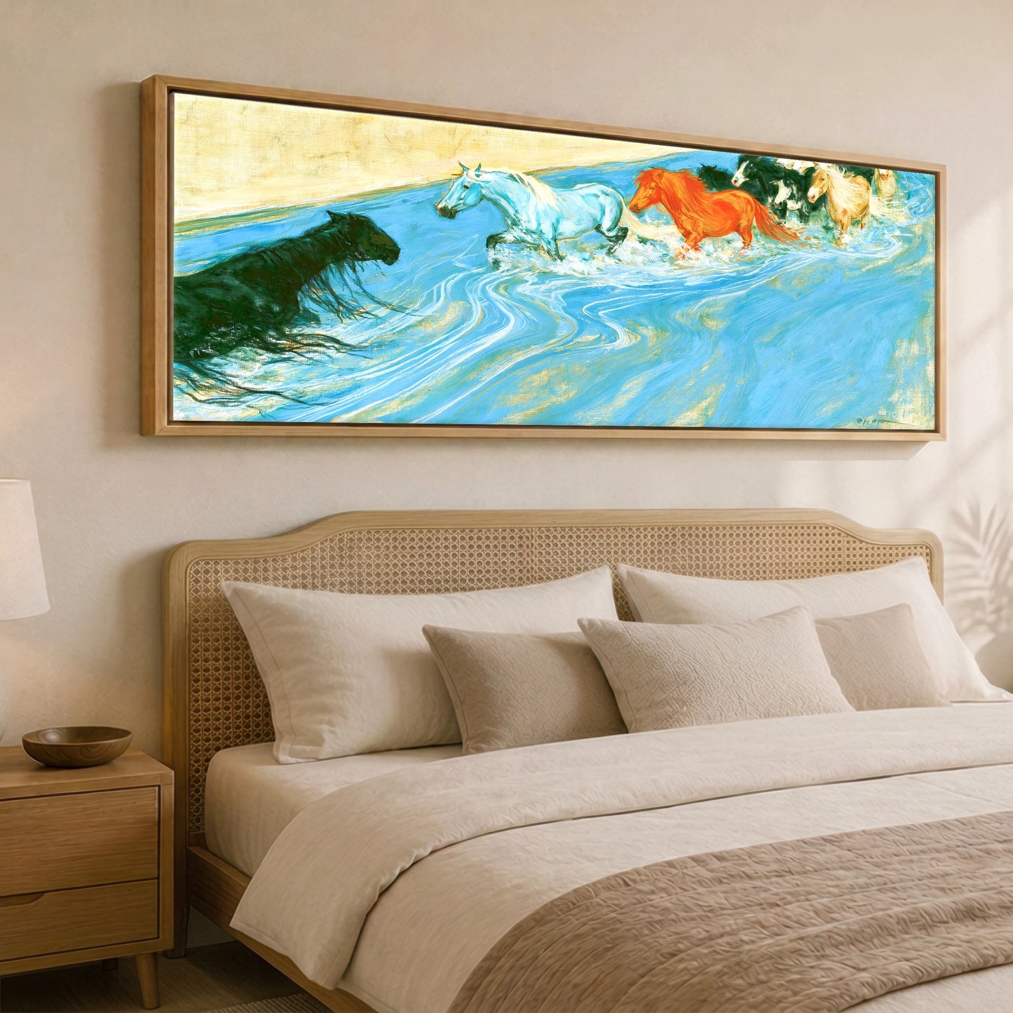 The Azure Crossing Horse Landscape panoramic canvas wall art displayed above a bed
