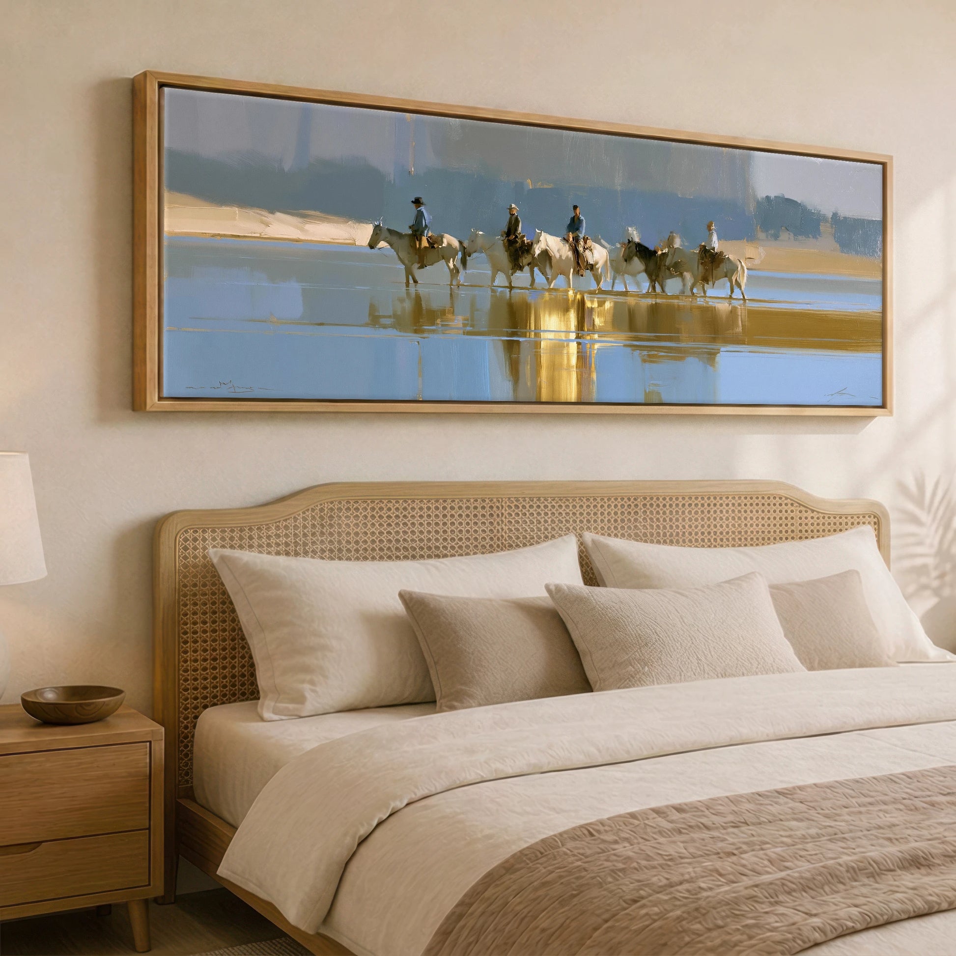 Sunlit River Crossing Horse Landscape panoramic canvas wall art displayed above a bed
