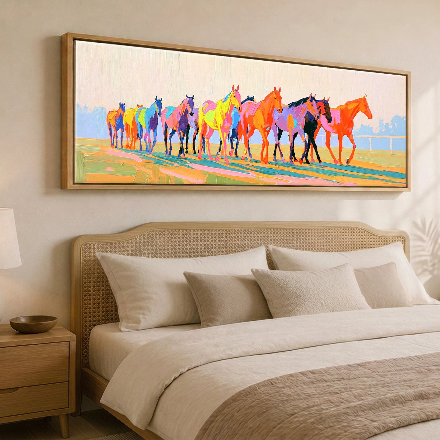 Vibrant Racing String Racing Horse panoramic canvas wall art displayed above a bed
