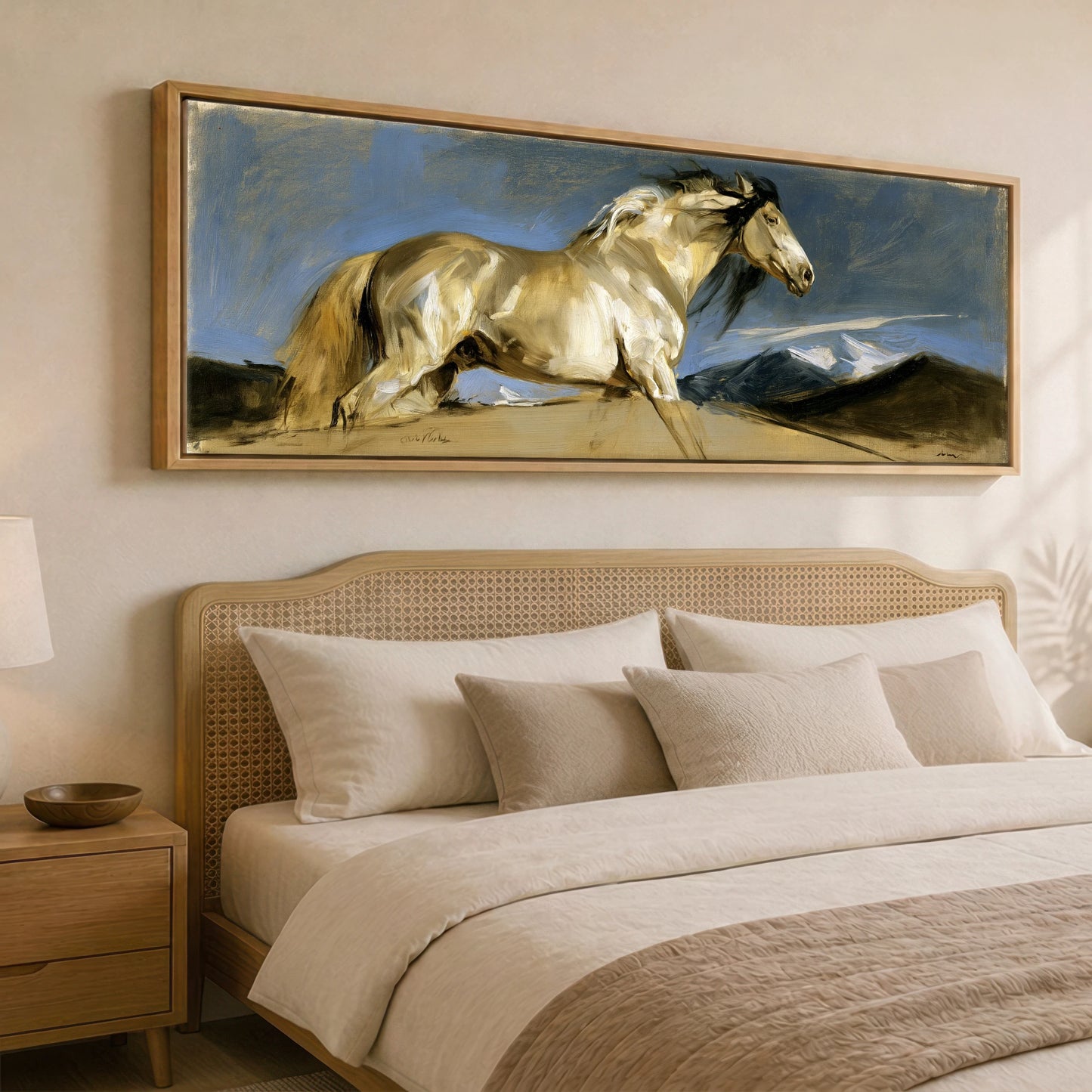 Wild Mountain Gallop Horse Landscape panoramic canvas wall art displayed above a bed