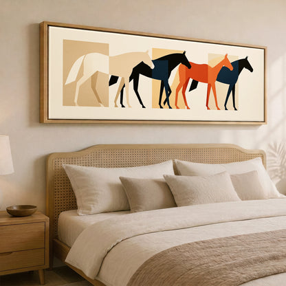 Modernist Herd Horse Landscape panoramic canvas wall art displayed above a bed