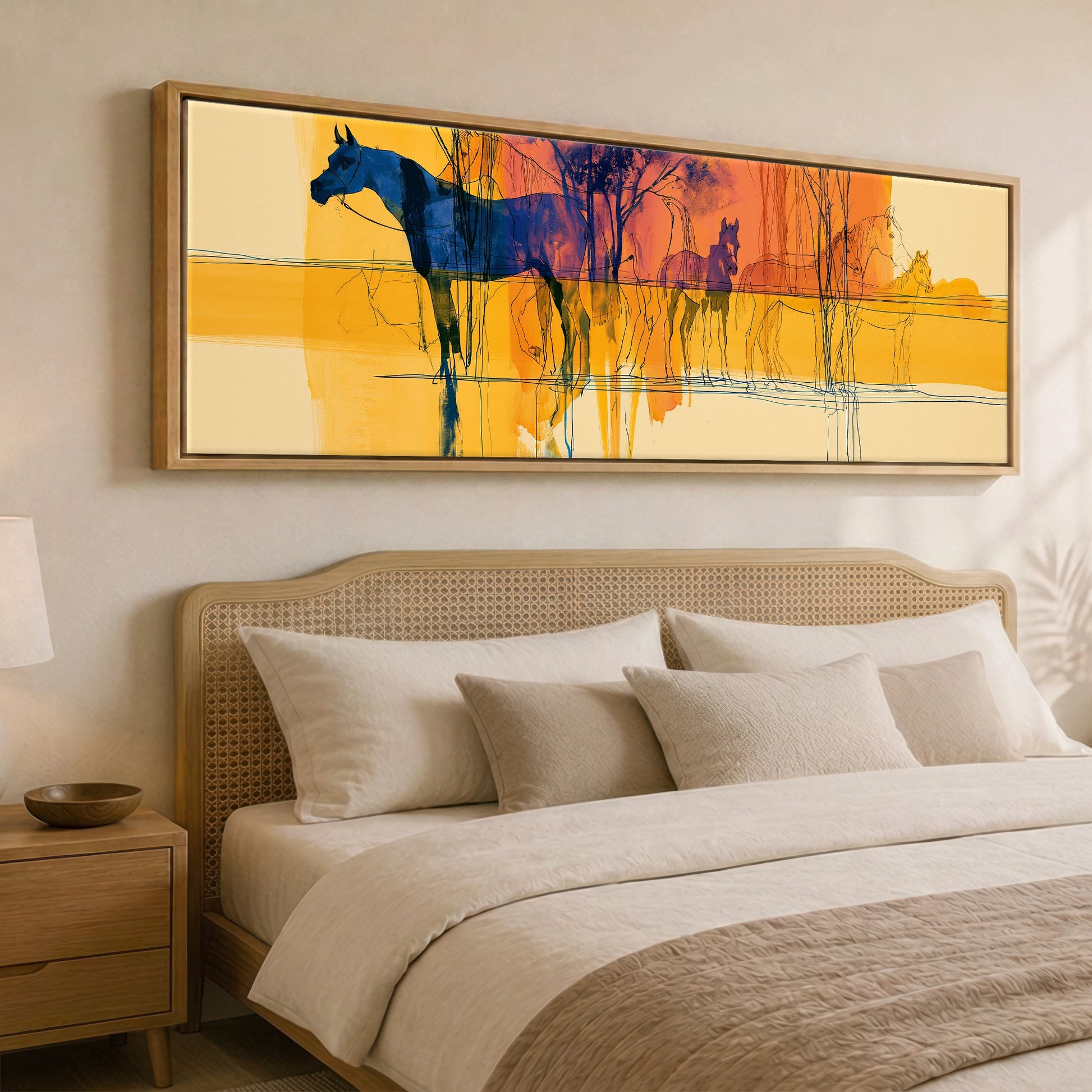Cobalt and Gold Mirage Beach Horse panoramic canvas wall art displayed above a bed