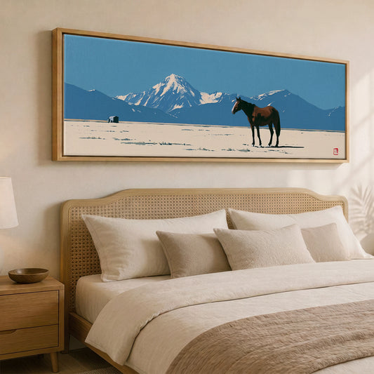 The Vast Horizon Horse Landscape panoramic canvas wall art displayed above a bed