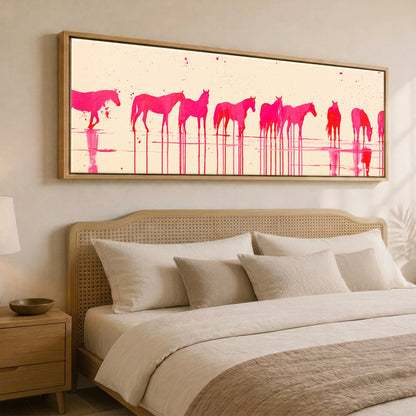 Magenta Equine Wash Beach Horse panoramic canvas wall art displayed above a bed