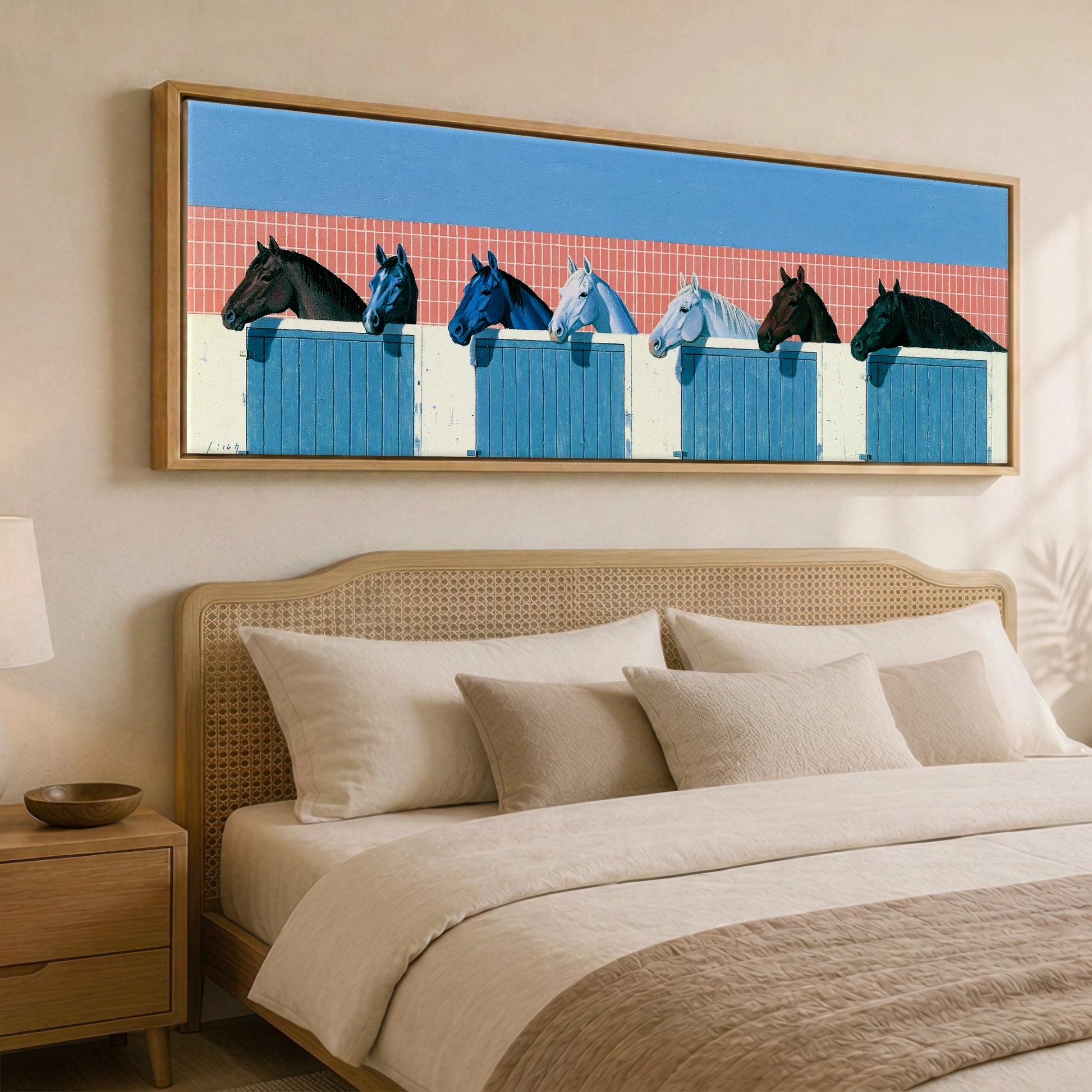 Yard Watch Horse Stable panoramic canvas wall art displayed above a bed