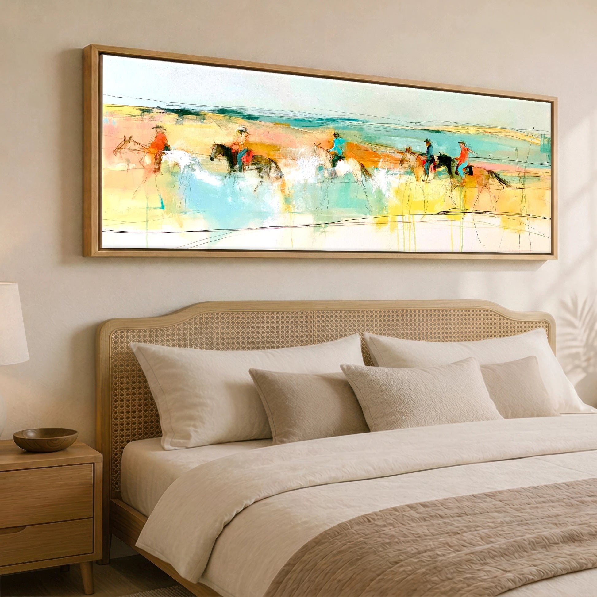 Vibrant Coastal Ride Beach Horse panoramic canvas wall art displayed above a bed