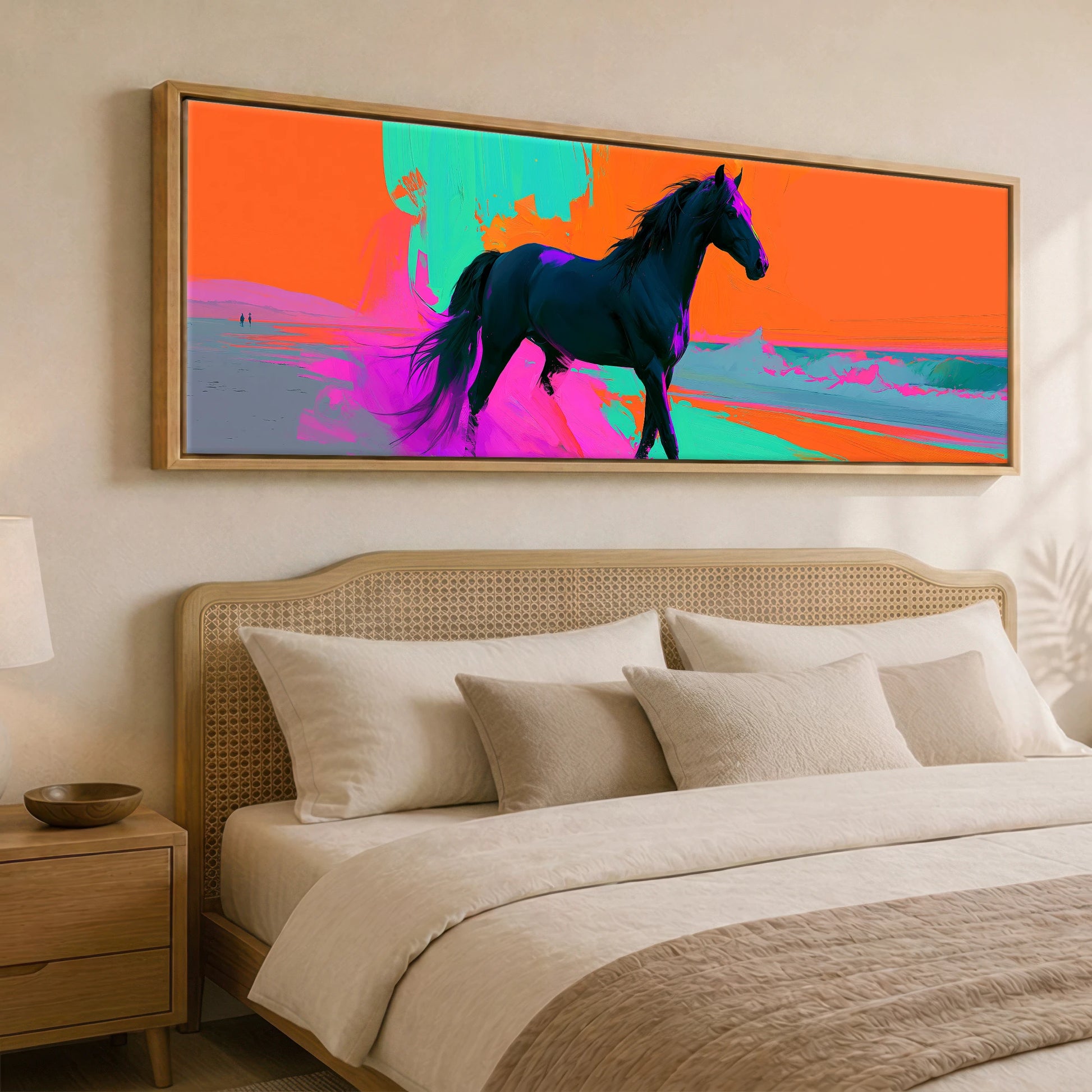 Electric Equine Horizon Horse Landscape panoramic canvas wall art displayed above a bed