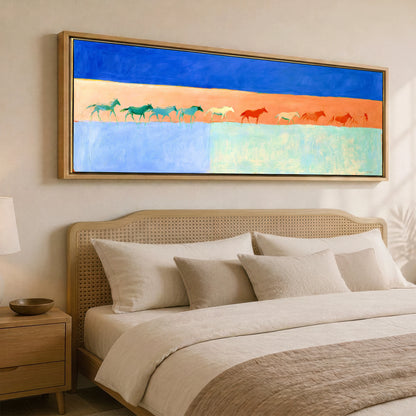 Bold Equine Horizon Horse Landscape panoramic canvas wall art displayed above a bed