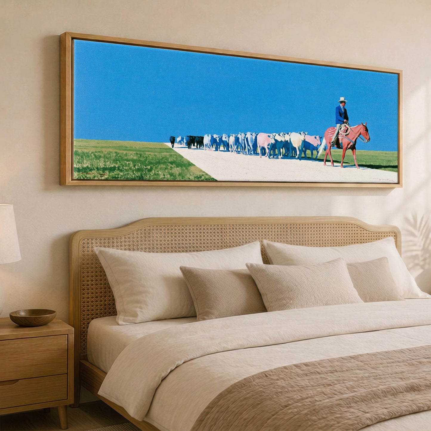 The Long Trail Western Horse panoramic canvas wall art displayed above a bed