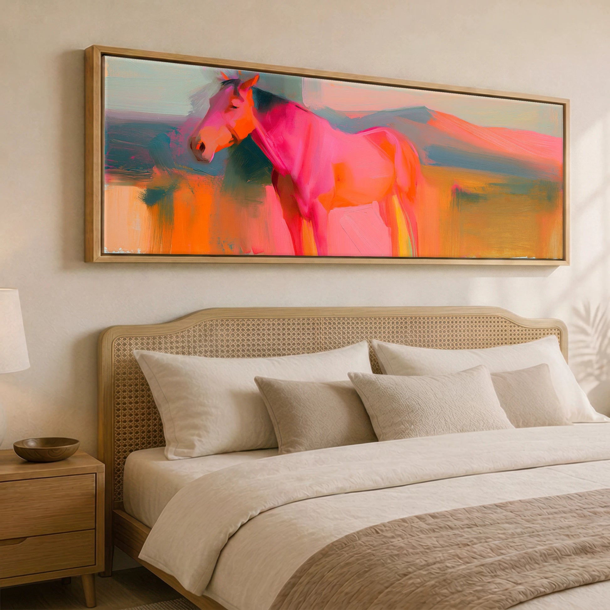 Vibrant Equine Horizon Horse Landscape panoramic canvas wall art displayed above a bed