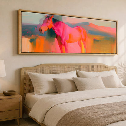 Vibrant Equine Horizon Horse Landscape panoramic canvas wall art displayed above a bed