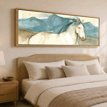 Azure Ridge Horse Landscape panoramic canvas wall art displayed above a bed