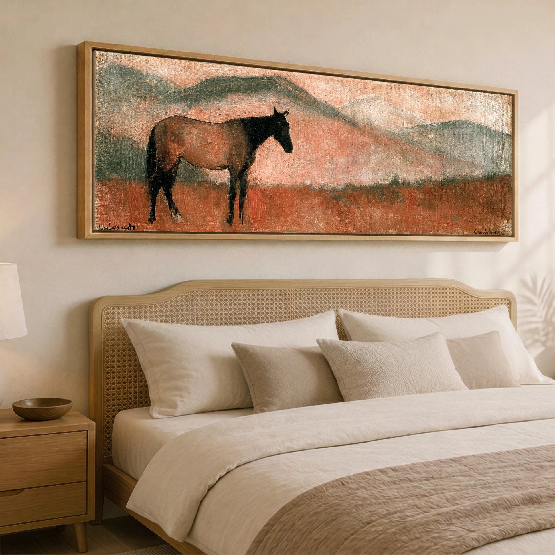 Terracotta Horizon Horse Landscape panoramic canvas wall art displayed above a bed