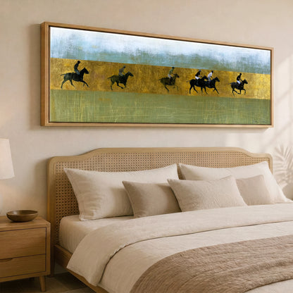 Gilded Pursuit Polo Horse panoramic canvas wall art displayed above a bed