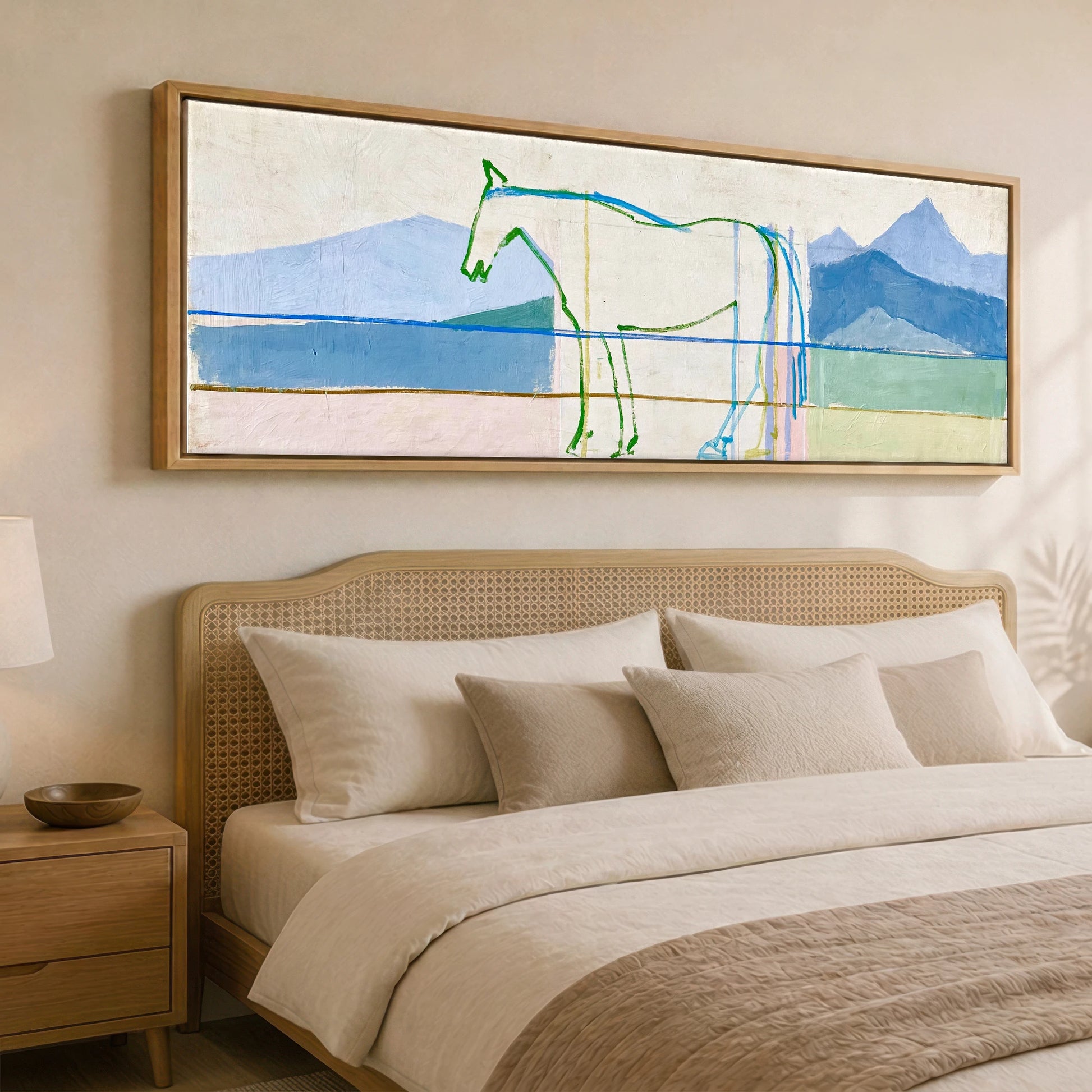 Architectural Equine Horizon Horse Landscape panoramic canvas wall art displayed above a bed
