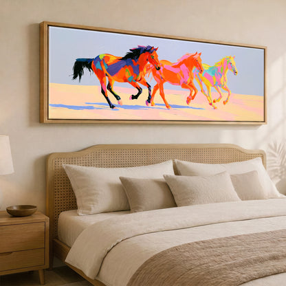 Vivid Stride Horse Landscape panoramic canvas wall art displayed above a bed