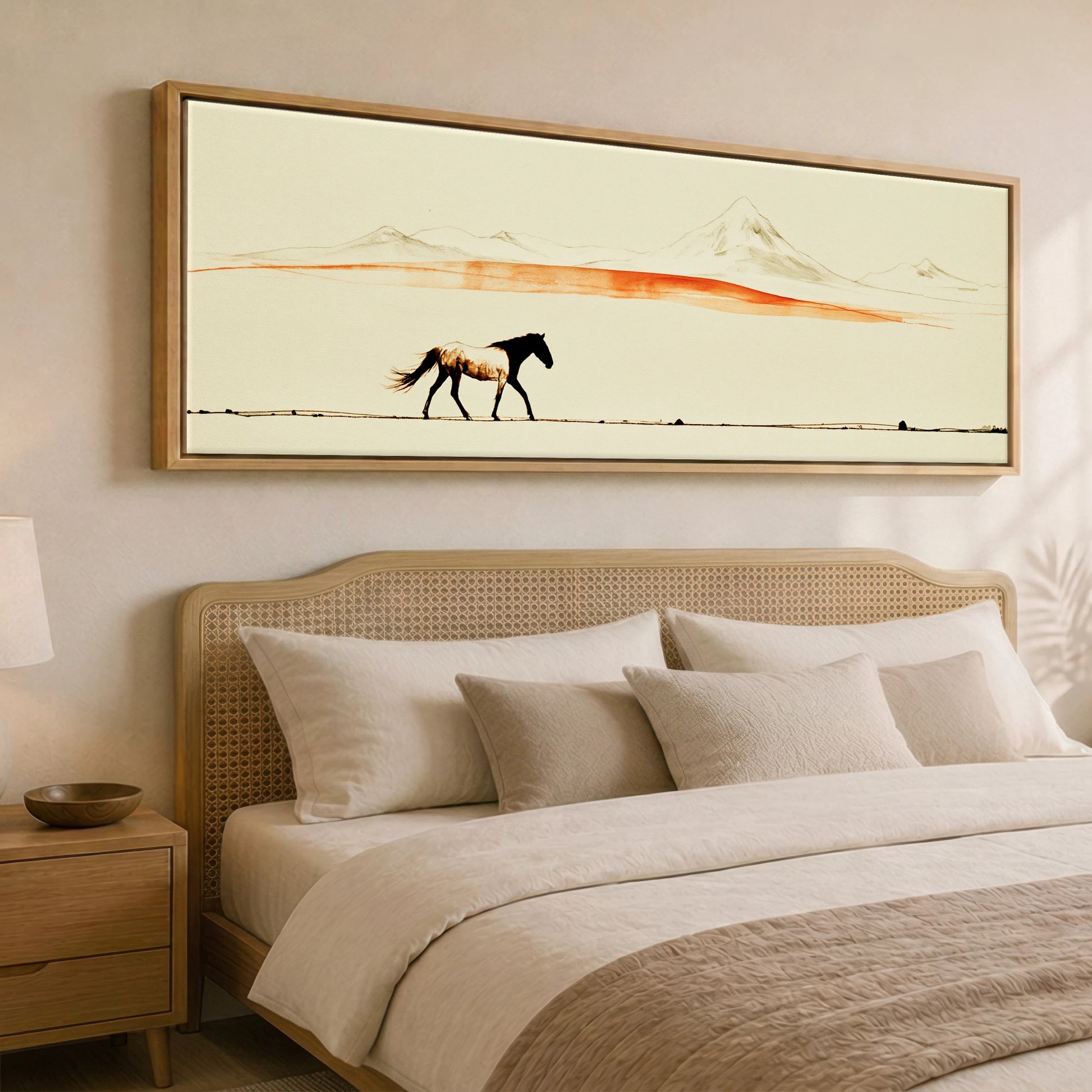 The Amber Horizon Horse Landscape panoramic canvas wall art displayed above a bed