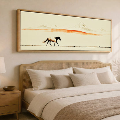 The Amber Horizon Horse Landscape panoramic canvas wall art displayed above a bed