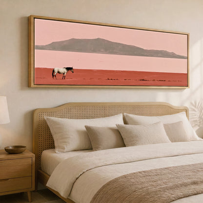 Terracotta Horizon Horse Landscape panoramic canvas wall art displayed above a bed