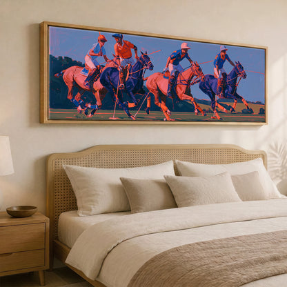 Vibrant Polo Charge Polo Horse panoramic canvas wall art displayed above a bed