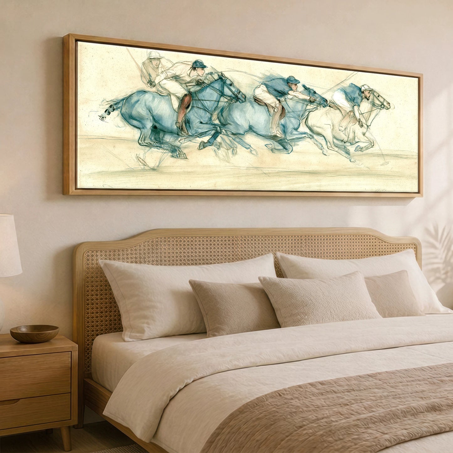 The Blue Chukka Polo Horse panoramic canvas wall art displayed above a bed