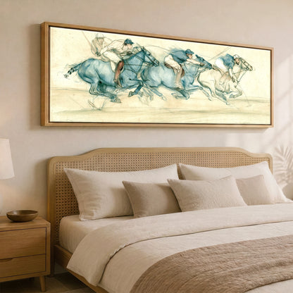 The Blue Chukka Polo Horse panoramic canvas wall art displayed above a bed