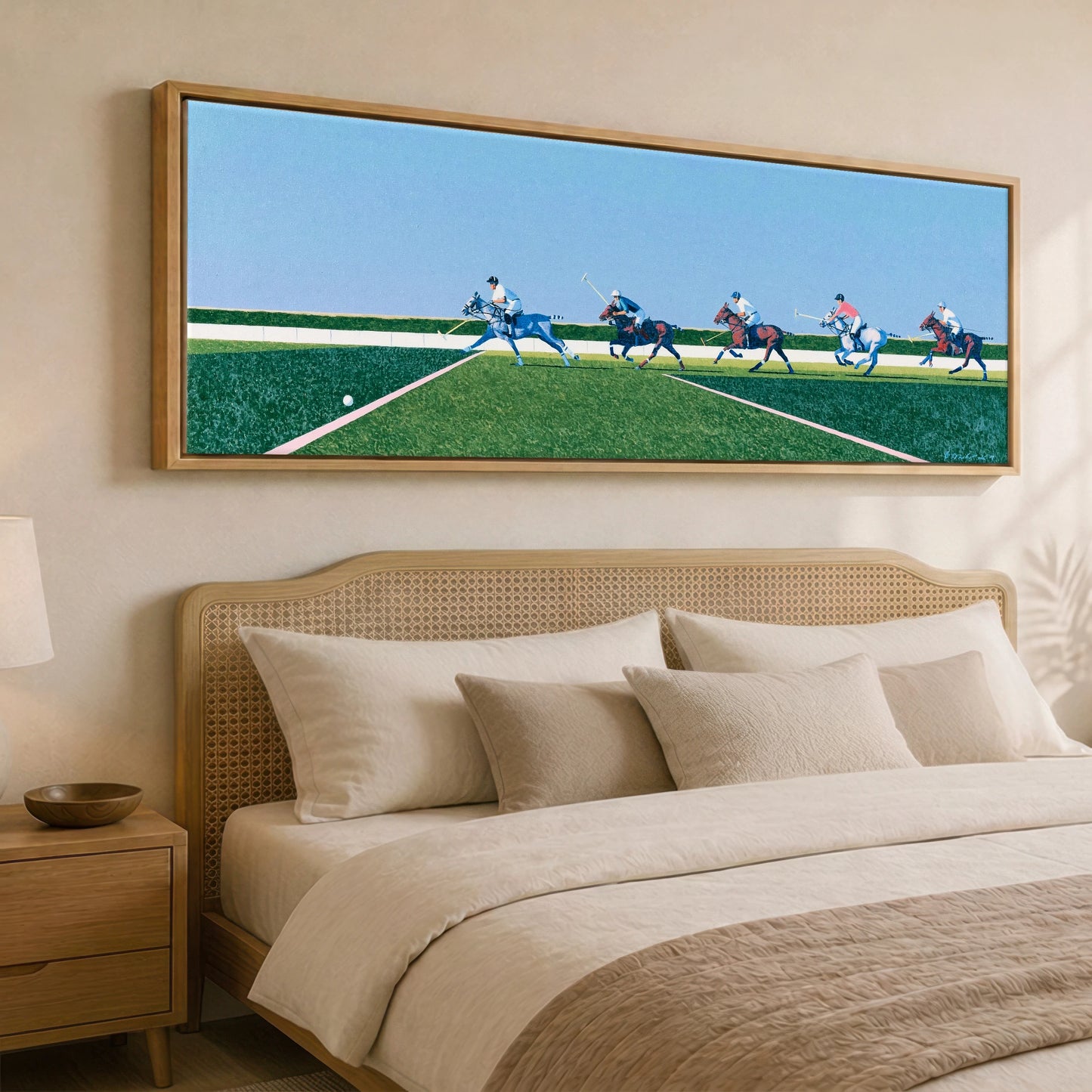 Rhythm of the Chukka Polo Horse panoramic canvas wall art displayed above a bed
