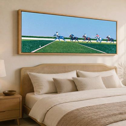 Rhythm of the Chukka Polo Horse panoramic canvas wall art displayed above a bed