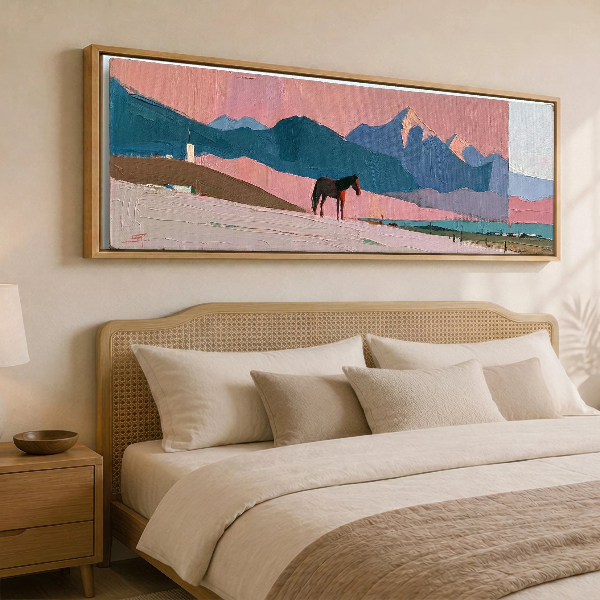 Rose and Teal Horizon Horse Landscape panoramic canvas wall art displayed above a bed