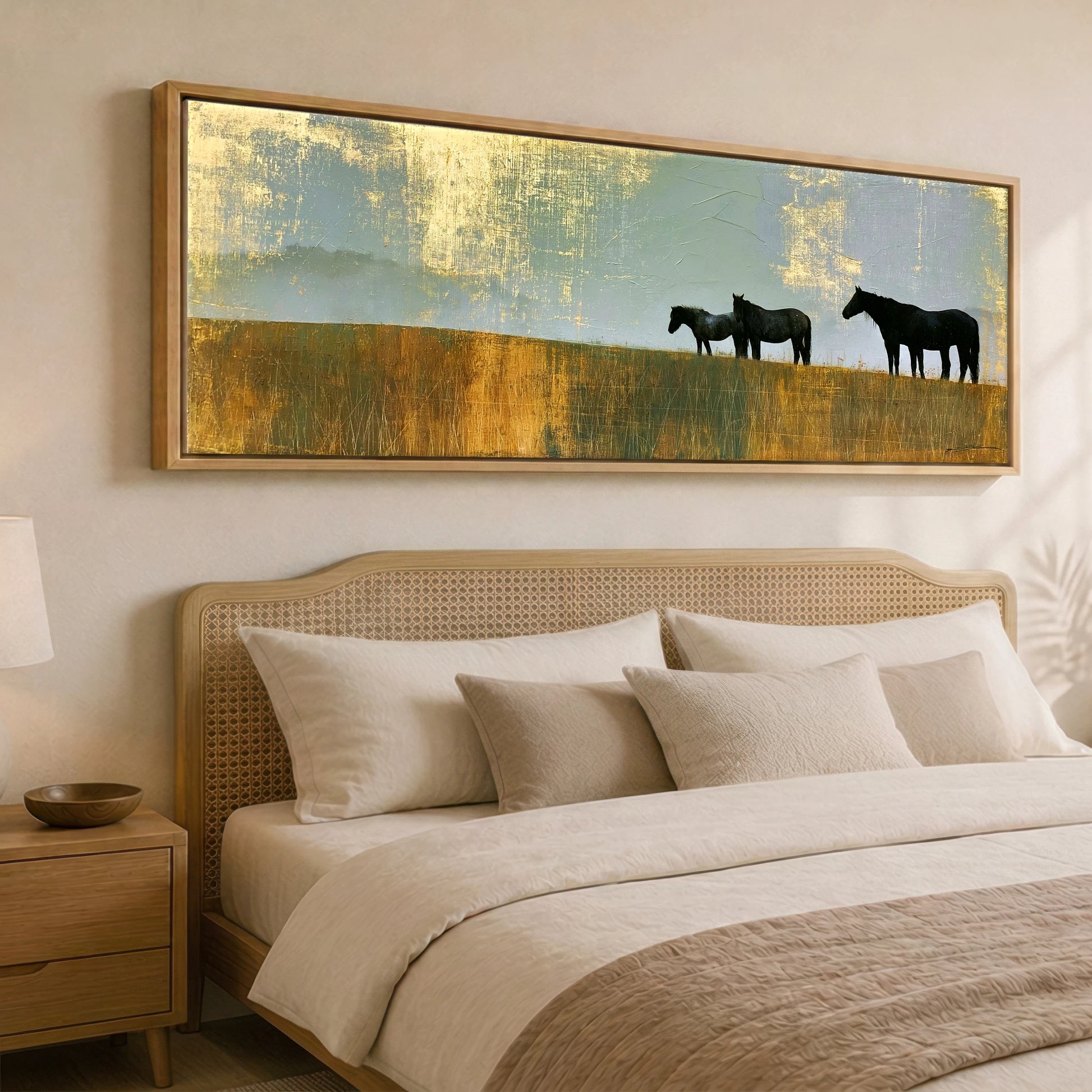 Gilded Horizon Horse Landscape panoramic canvas wall art displayed above a bed