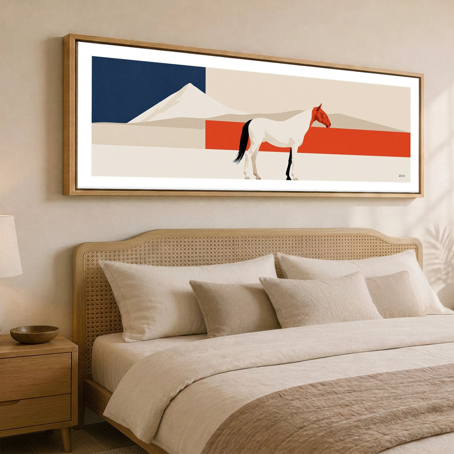 Bold Equine Horizon Horse Landscape panoramic canvas wall art displayed above a bed