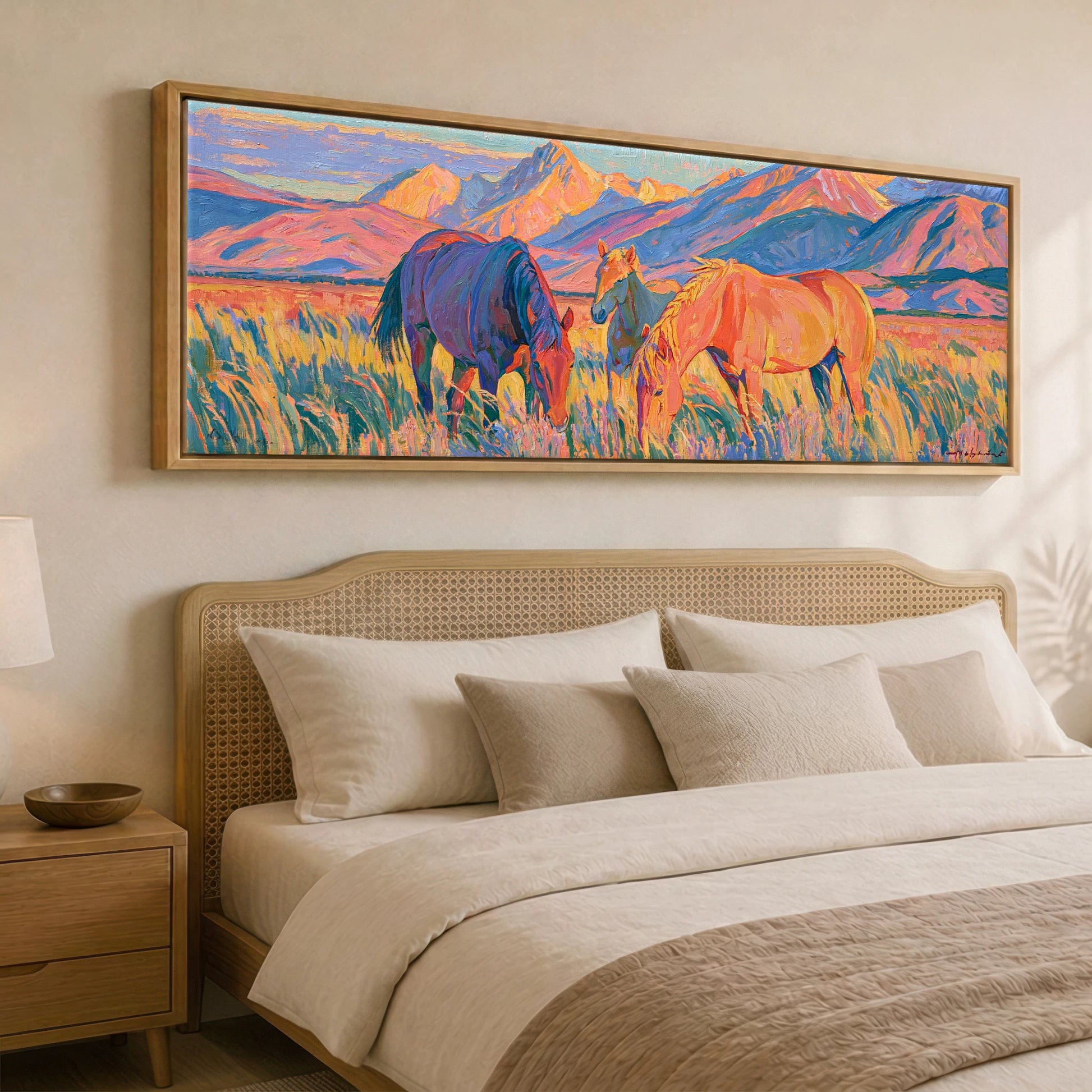 Vibrant High Country Grazing Horse Landscape panoramic canvas wall art displayed above a bed