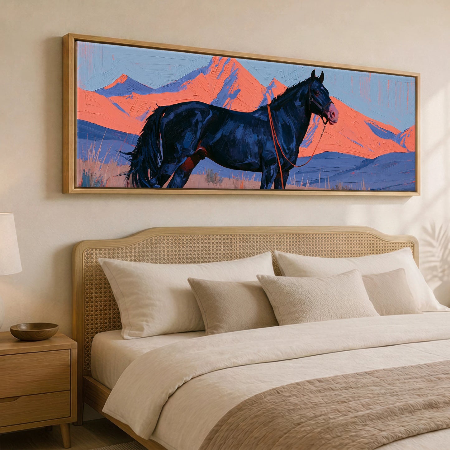 Coral Peaks and Indigo Horse Landscape panoramic canvas wall art displayed above a bed