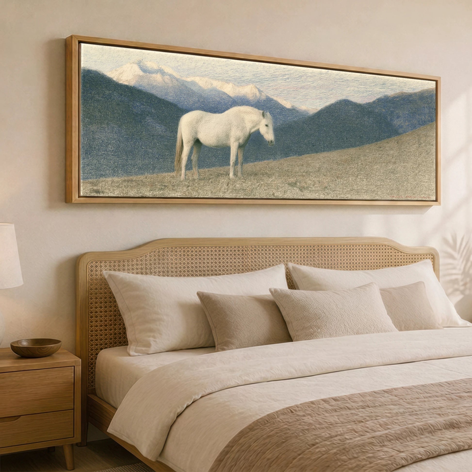 Highland Stillness Horse Landscape panoramic canvas wall art displayed above a bed