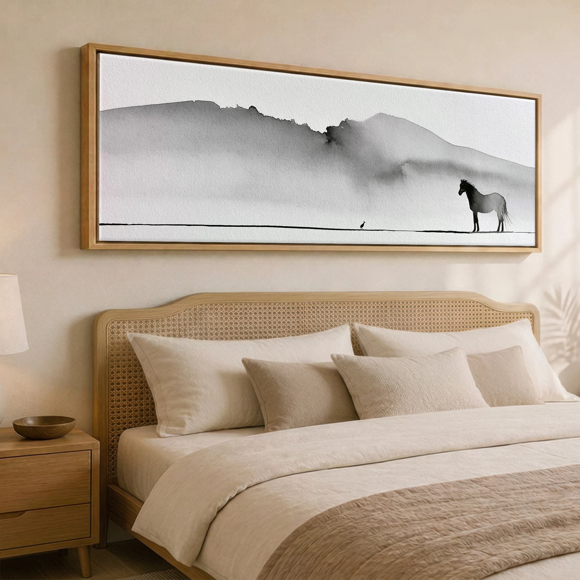 Solitude in Ink Horse Landscape panoramic canvas wall art displayed above a bed