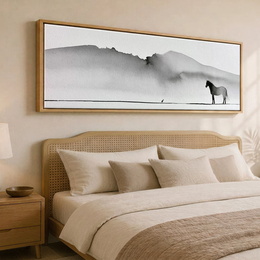 Solitude in Ink Horse Landscape panoramic canvas wall art displayed above a bed