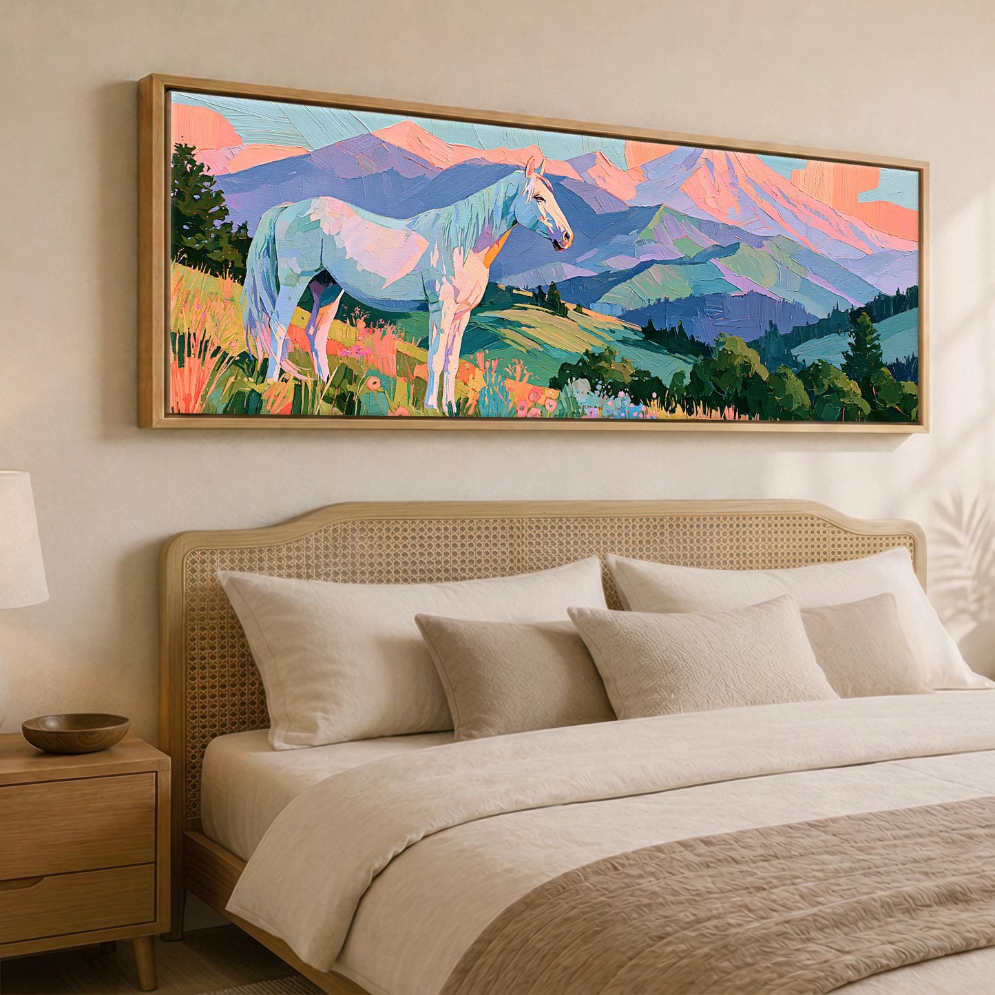 Vibrant Alpine Dawn Horse Landscape panoramic canvas wall art displayed above a bed