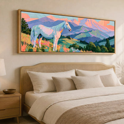Vibrant Alpine Dawn Horse Landscape panoramic canvas wall art displayed above a bed